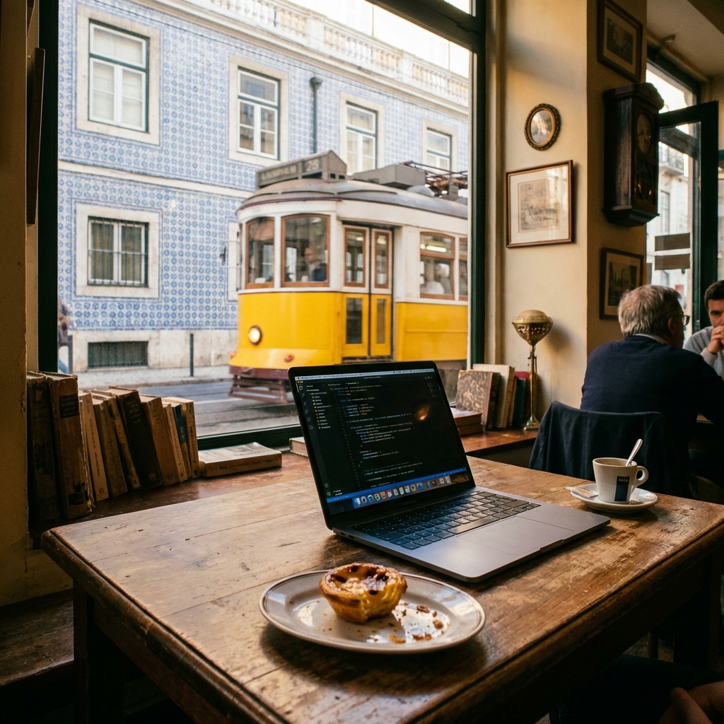 A laptop and coffee at a Lisbon cafe with a yellow tram passing by outside